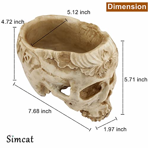 Simcat Skull Planter, Resin Succulents Pot Carved Skull Flower Pot Gothic Planter Halloween Candy Bowl Antique and Distressed Design Skeleton Decor for Home Office