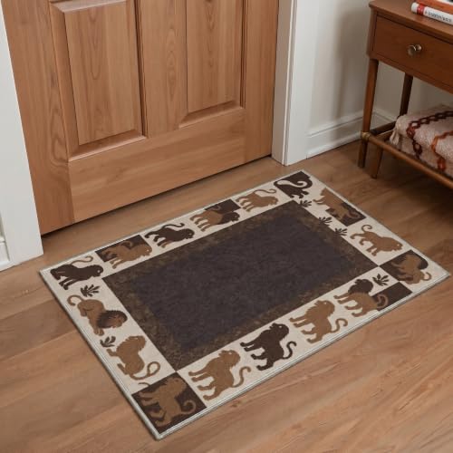 Bavni 2x3 Doormat, Lion Silhouettes Machine Washable,Soft Animal Small Boho Rugs Non Slip Low Pile Non-Shedding Throw Indoor Print Woodland Jungle Carpet for Entryway Front Door Bathroom, Warm Brown - color: Warm Brown-1, size: 2'x3'