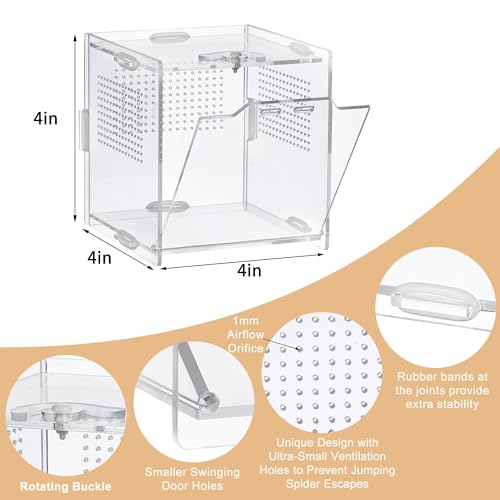 VERTUPET 4 Pack Jumping Spider Enclosure, 4''x4''x4'' Acrylic Arboreal Reptile Tank, 0.03” Ventilation Hole Habitat Transparent Enclosure Breeding Box with Locking Latch for Frog, Crickets, Snails