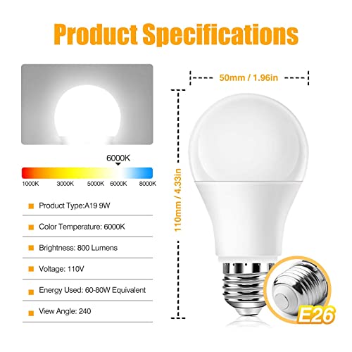 Full Spectrum Light Bulb, 6000K Natural Sunlight Bulbs, 9W 60W Equivalent LED Light Bulb, Natural Light Bulbs A19, E26/E27 LED Light Bulbs for Home, 3 Pack - color: 6000k Daylight, size: 3 Count (Pack of 1)