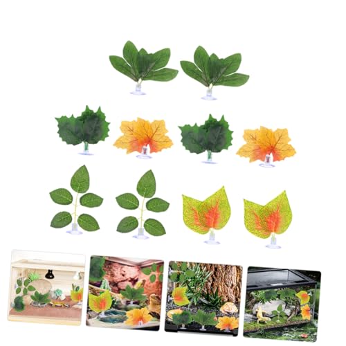 BESPORTBLE 10pcs Artificial Reptile Plants with Suction Cups for Climbing Habitat Decor, Fake Leaf Ornament Set for Lizard, Chameleon, Snake, Turtle Terrarium