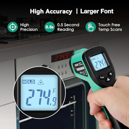 OnniOne Infrared Thermometer Gun for Cooking, -58℉~1022℉, Digital Laser Temperature Gun for Blackstone Pizza Oven Reptiles, IR Thermometer with Carrying Storage Case, Larger Font, LCD Backlit, Green - color: Green