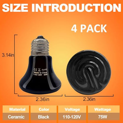 BNOSDM Reptile 75W Ceramic Heat Emitter,4 Pack Reptile Heat Lamp Bulbs,Ceramic Heat Lamp,Brooder Coop Heater for Amphibian Reptile Lizard Turtle Chicken - color: Pack of 4/Black, size: 75 Watts