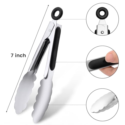 7" Small Kitchen Tongs Set of 3, Stainless Steel Ice Tongs Food Tongs, Mini Serving Tongs for Appetizers, Salad, Buffet (7", 3PCS) | Ice Bucket Tongs | For Salad/Buffet | Heat-Resistant | Dishwasher Safe - size: 7", 3PCS