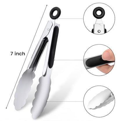 7" Small Kitchen Tongs Set of 3, Stainless Steel Ice Tongs Food Tongs, Mini Serving Tongs for Appetizers, Salad, Buffet (7", 3PCS) | Ice Bucket Tongs | For Salad/Buffet | Heat-Resistant | Dishwasher Safe - size: 7", 3PCS