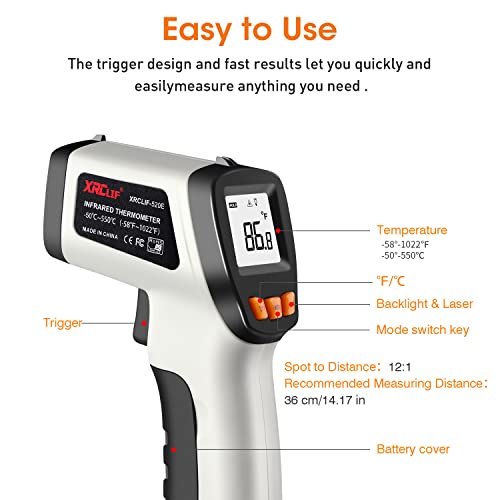 Infrared Thermometer Gun -581112, Laser Thermometer Temperature Gun with LCD Display, Ideal for Cooking, BBQ, Oven, Adjustable Emissivity - color: 1022℉-Gray