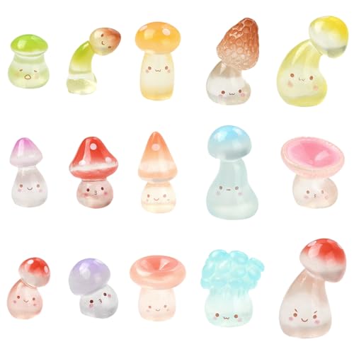 60 pcs 15 Styles Mini Resin Mushroom Figurines Luminous 3D Plant Statue for DIY Dollhouse Decorations Fairy Garden Accessories - color: 60pcs-15.5~32.5x16~12.5x10.5~17mm-resin Mushroom Figurines