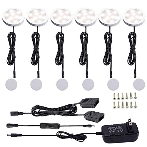 AIBOO 12V LED Under Cabinet Lights Kit 6 Pack Black Cord Aluminum Puck Lamps for Kitchen Counter Closet Lighting with Manual on/Off Switch 12W 6 Lights (4000K Natural White) - color: 4000k Natural White