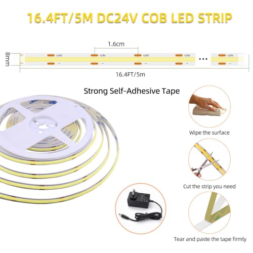 LED Strip Lights COB 16.4ft/5m Natural White 6500K, 24V Dimmable LED (Kit) | Super High Bright, Flexible COB Lights, 8mm Width Home DIY Decor & Office Commercial - color: White 6500K (Kit)