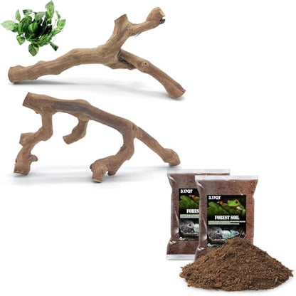 VCEPJH Snake Climbing Branch, 2Pcs Reptile Wood Natural Cork Log and Reptile Soil Substrate Burrowing Tortoise Bedding for Snake Tarantula Gecko Lizard Spidey Frog Hermit Crab