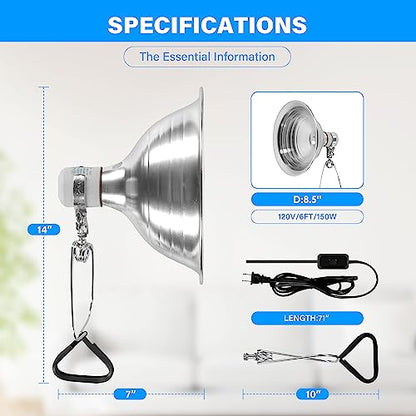 Simple Deluxe 150W Ceramic Reptile Heat Lamp Bulb & 150W Clamp Light with 8.5" Aluminum Reflector Combo for Amphibian Pets, Silver 2024 Version - size: 150W, style: Bulb+Clamp Light
