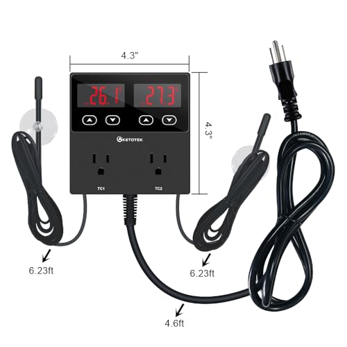 KETOTEK KT99pro Dual Digital Temperature Controller Outlet 10A Relay Heating Coolling Thermostat Controlled Socket with Sensor for Reptile Brewing Fermentation Breeding Incubation Greenhouse