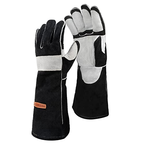 YESWELDER 16 Inches,932℉,Leather Forge MIG Welding Gloves, with Kevlar Stitching Heat/Fire Resistant, Palm Reinforcements, Black-Gray - size: Small, style: Reinforced Palms and Fingers Black White