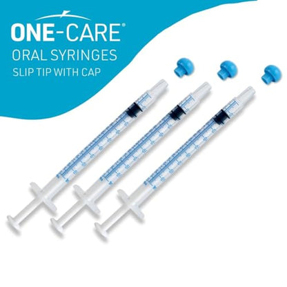 ONE-CARE 1ml Oral Syringe with Cap - Sterile, Individually Wrapped - 100 Dispensers, Slip Tip, Uses include oral administration of medicine for infants, adults and animals - size: 1ml