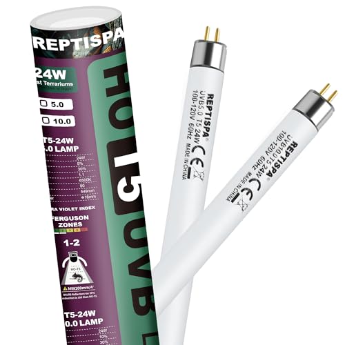 T5 HO Reptile Lamp Tube, 24 Watts, 5.0 UVB, 2 Pack | Fluorescent UVB Bulb, Reptile Lamp Tube, Basking Light for Bearded Dragon, Simulate Natural Sunlight - color: 5.0 Uvb, size: 24 Watts