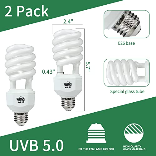LUCKY HERP 2 Pack UVA UVB Reptile Light, 23W 5.0 UVB Bulb for Tropical and Sub Tropical Reptiles, Compact Fluorescent Terrarium Lamp, Reptile UVB Bulb for Chameleons, Lizard, Turtle - size: 23&5.0
