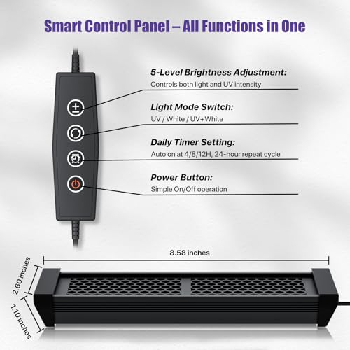 8.5" Aluminum UVB 10.0 LED Reptile Light Bar with Timer & Dimmer, Ultra-Slim Metal UVB/UVA Lamp for Terrariums – Even Light Output, Long Lifespan, Ideal for Bearded Dragons, Turtles & Lizards - size: 8.5 inches