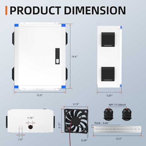 Joinfworld Outdoor Electrical Box 19.7"x15.7"x7.9" Metal Waterproof Vented Nema Enclosure with 12V Fan, Stainless Steel Junction Box with Cold Rolled Steel Plate Hinge Connection Din Rail - size: 19.7"x15.7"x7.9"
