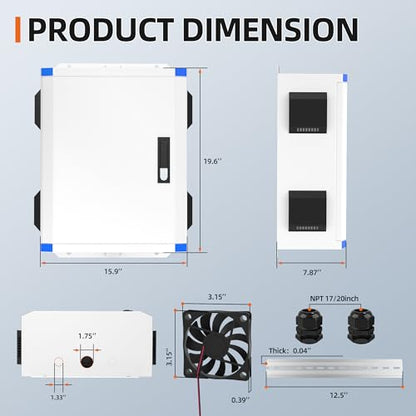 Joinfworld Outdoor Electrical Box 19.7"x15.7"x7.9" Metal Waterproof Vented Nema Enclosure with 12V Fan, Stainless Steel Junction Box with Cold Rolled Steel Plate Hinge Connection Din Rail - size: 19.7"x15.7"x7.9"