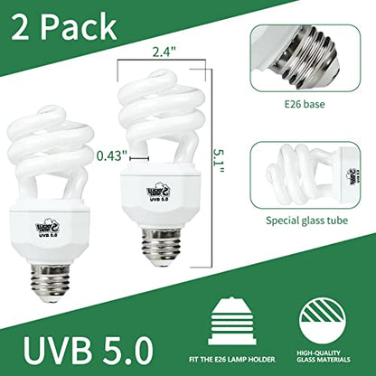LUCKY HERP 2 Pack UVA UVB Reptile Light, 15W 5.0 UVB Bulb for Tropical and Sub Tropical Reptiles, Compact Fluorescent Terrarium Lamp, Reptile UVB Bulb for Chameleons, Lizard, Turtle - size: 15&5.0