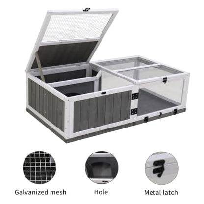 43 Inch Wooden Tortoise Cage, Indoor Outdoor House with Waterproof Trays, Rest and Play Water Area - Durable Acrylic Enclosure, Secure Wire Design, Ideal for Small Reptiles and Amphibians