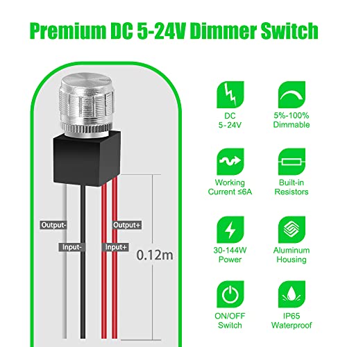 12V DC Dimmer Switch, 5-24 Volts Dimmer Switch PWM Waterproof for LED RV Lights Interior, Ceiling Lights, Halogen, Incandescent, Auto, Truck, Marine, Strip Lighting - Long Shaft