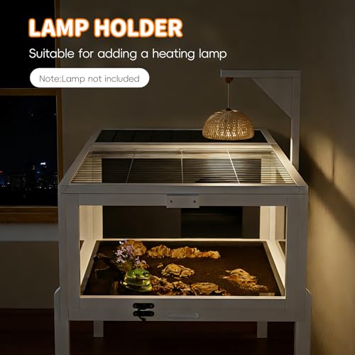Reptile Habitat Tortoise House with Lamp Holder, Large Observation Window, 2 Waterproof Tray, Detachable Legs, Easy to Clean Wooden Enclosure for Turtles, Lizards, Geckos, and Small Pets Indoor Outdoo