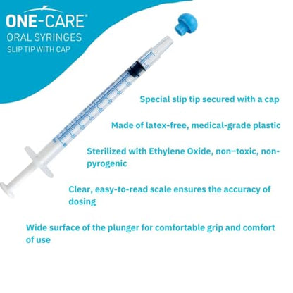 ONE-CARE 1ml Oral Syringe with Cap - Sterile, Individually Wrapped - 100 Dispensers, Slip Tip, Uses include oral administration of medicine for infants, adults and animals - size: 1ml