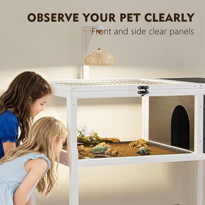 Wooden Tortoise Habitat Enclosure with Lamp Holder, Large Observation Window, Waterproof Pull-Out Tray & Detachable Legs, Indoor Outdoor Reptile Cage for Turtles, Lizards, Geckos & Small Pets