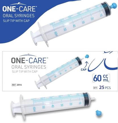 ONE-CARE 60ml Oral Syringe with Cap - Sterile, Individually Wrapped - 25 Syringes/box (25 Pack), Slip Tip, Syringe for Liquid, Versatiie use - size: 60ml