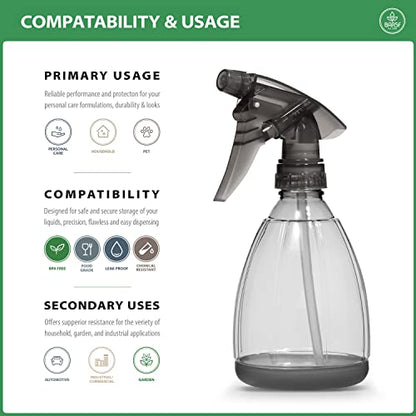 Bar5F Plastic Spray Bottle, 12 oz | Leak Proof, Empty, Trigger Handle, Adjustable Fine to Stream, Refillable, Hair Salons & Spas, Household Cleaners, Cooking | Smoke Grey (1)