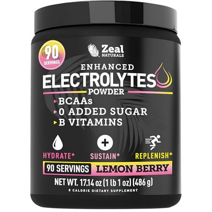 Zeal Electrolyte Powder - 90 Servings | Keto Electrolytes Powder | Zero Sugar, BCAAs, B-Vitamins | Potassium, Zinc, Magnesium | Hydration Powder Recovery Drink | Lemon Berry