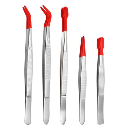 5pcs Tweezers with Rubber Tips,5 Different Sizes of Long Rubber Tweezers for Crafts Precision, Silicone Tweezer for Jewelry, Bead Making, and Industrial Use, Red