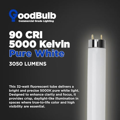 GoodBulb 32-Watt 48 Inch T8 Fluorescent Light Bulb 5000K Daylight White Light Color Medium Bi-Pin Base 3050 Lumens 86 CRI 24000 Life Hours Instant/Programmed Start (Pack of 25 Bulbs) - color: 5000k