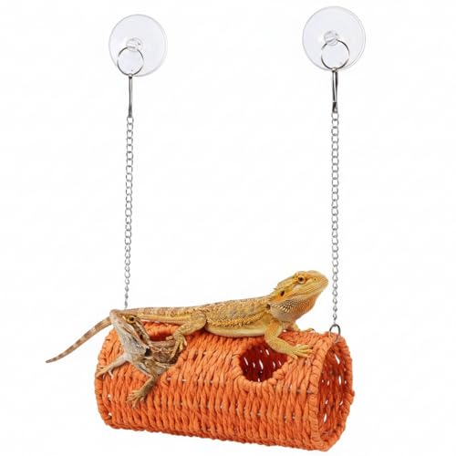 CroBlissful Reptile Hide Cave Hollow Cave Hideout with 2 Pcs Suction Cup and Chain Gecko Hide Reptile Tank Decor Seagrass Fiber Climbing Toy for Lizard Snake Hermit Crab (Long Cylindrical,Orange) - color: Orange, style: Long Cylindrical
