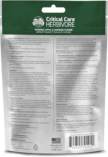 Oxbow Critical Care Herbivore Assist Feeding Formula for Rabbits & Guinea Pigs, High Fiber Timothy Hay Recovery Food, Natural Apple Banana Flavor, Vet Recommended Emergency Nutrition, 141g 3 Pack - size: Starter Size (Short-Term Care)