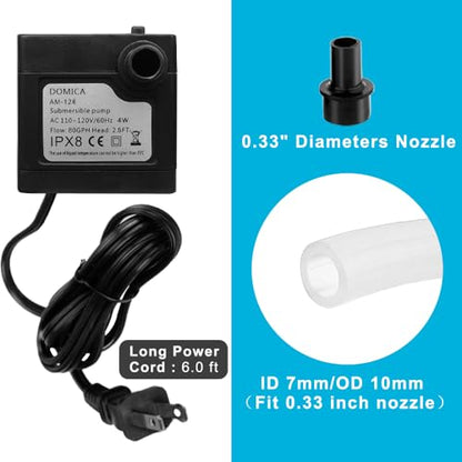 DOMICA (80GPH 4W) Mini Submersible Water Pump with 2.2FT Tube for Pond, Aquariums, Fish Tank, Hydroponics, Tabletop Fountain, Pet Fountain, Indoor or Outdoor Fountain Pump (AC Powered)
