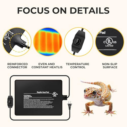 6x8 Inch Reptile Heating Pad with Temperature Controller Waterproof Under Tank Adjustable Terrarium Heat Mats for Reptiles, Amphibians & Small Pets - color: Black, size: 6" x 8"(8W) with Adjust Knob