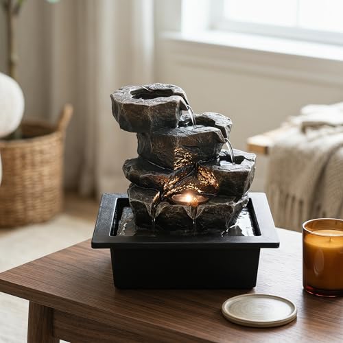 Indoor Tabletop Rock Waterfall Fountain with Warm Light & Stacked Stone for Home Office Desk Decor, Zen Resin Water Feature for Relaxation - color: Style 6