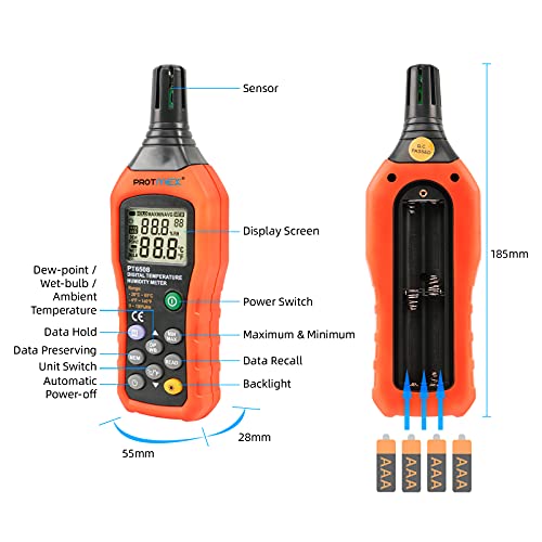 Protmex PT6508 Temperature Humidity Meter, Digital Thermometer Hygrometer Monitor with Ambient, Dew Point, Wet Bulb for Indoor/Outdoor MIN, MAX, Data Hold, LCD Backlight - size: PT6508