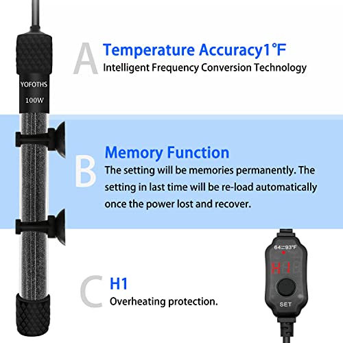 YOFOTHS Adjustable Mini Aquarium Heater 10-20 Gallons Submersible Small Fish Tank Heater 100W Digital Display Thermostat External Temperature Controller (100W) - size: 100W