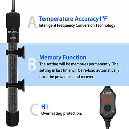 YOFOTHS Adjustable Mini Aquarium Heater 10-20 Gallons Submersible Small Fish Tank Heater 100W Digital Display Thermostat External Temperature Controller (100W) - size: 100W