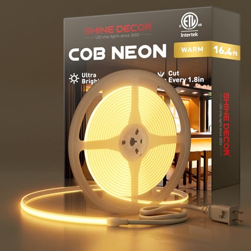 Shine Decor COB LED Rope Light AC 120V, 800lm Ultra Bright, IP65 Waterproof Cold-Resistant ETL Neon Strip, No Driver Tape Lighting for Home Commercial 10x4.5mm, 2800K Warm White, 16.4ft - color: 2800K Warm White, size: 16.4 ft