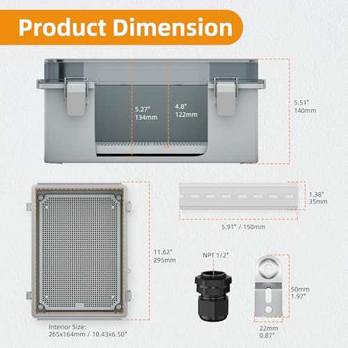 Joinfworld Lockable Outdoor Weatherproof Electrical Box for Electronics Outside 11.4x7.5x5.5 Weather Proof Electrical Box Plastic Nema 4 Enclosure Clear | Stainless Weatherproof ABS Box, DIN Rail, Grid Plate, 2 NPT1/2 Glands, Easy Install for Marine, Sola