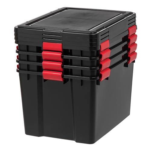 IRIS USA WeatherPro 74 Qt Storage Bins with Lids, 4 Pack, BPA-Free Plastic Gasket Box with Tight Latch and Seal, Stackable Nestable Tote Tub - Black/Red - size: 74 Qt. - 4 Pack