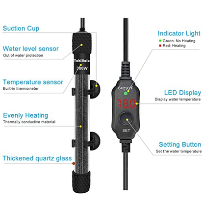 YukiHalu Small Submersible Aquarium Heater, Adjustable Mini Fish Tank Heater 25W 50W 100W 200W 300W with External Temperature Controller, LED Display, Used for 5/10/20/40/60 Gallons (300 Watt) - size: 300 Watts