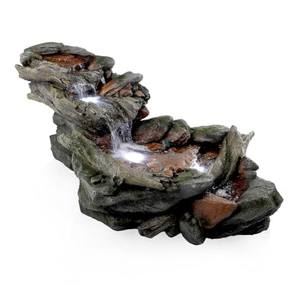 Alpine Corporation | 60"L Outdoor 3-Tier Rainforest Rock River Hand-Painted Water Fountain with LED Lights — Garden, Patio & Yard Décor - style: 60" L - 3-Tier w/ LED's