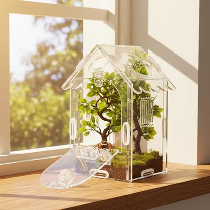 Jumping Spider Enclosure, Acrylic Terrarium Habitat with Magnetic Front Door & Full Ventilation, with Tweezers and Temperature Sticker, for Spiderling and Micro Reptiles