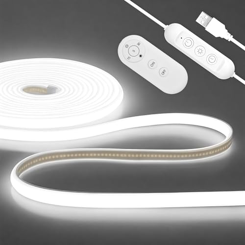 ALITOVE 5V USB LED Light Strip 6000K Cool White Waterproof COB LED Strip Light 16.4ft Dimmable Flexible Neon Lights with Remote for Indoor Outdoor Office Home Improvement RV Camping Mirror Lighting - color: 6000K Cool White, size: 5M
