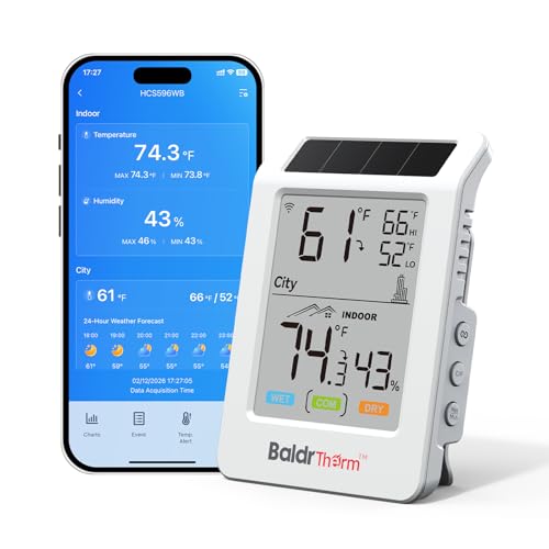 WiFi Thermometer Hygrometer, Wireless Indoor Outdoor Temperature Humidity Monitor, Solar Boost, 3.9" Large Screen, App Alerts for Home, Greenhouse, Pipe Protection, Cellar & Baby Room